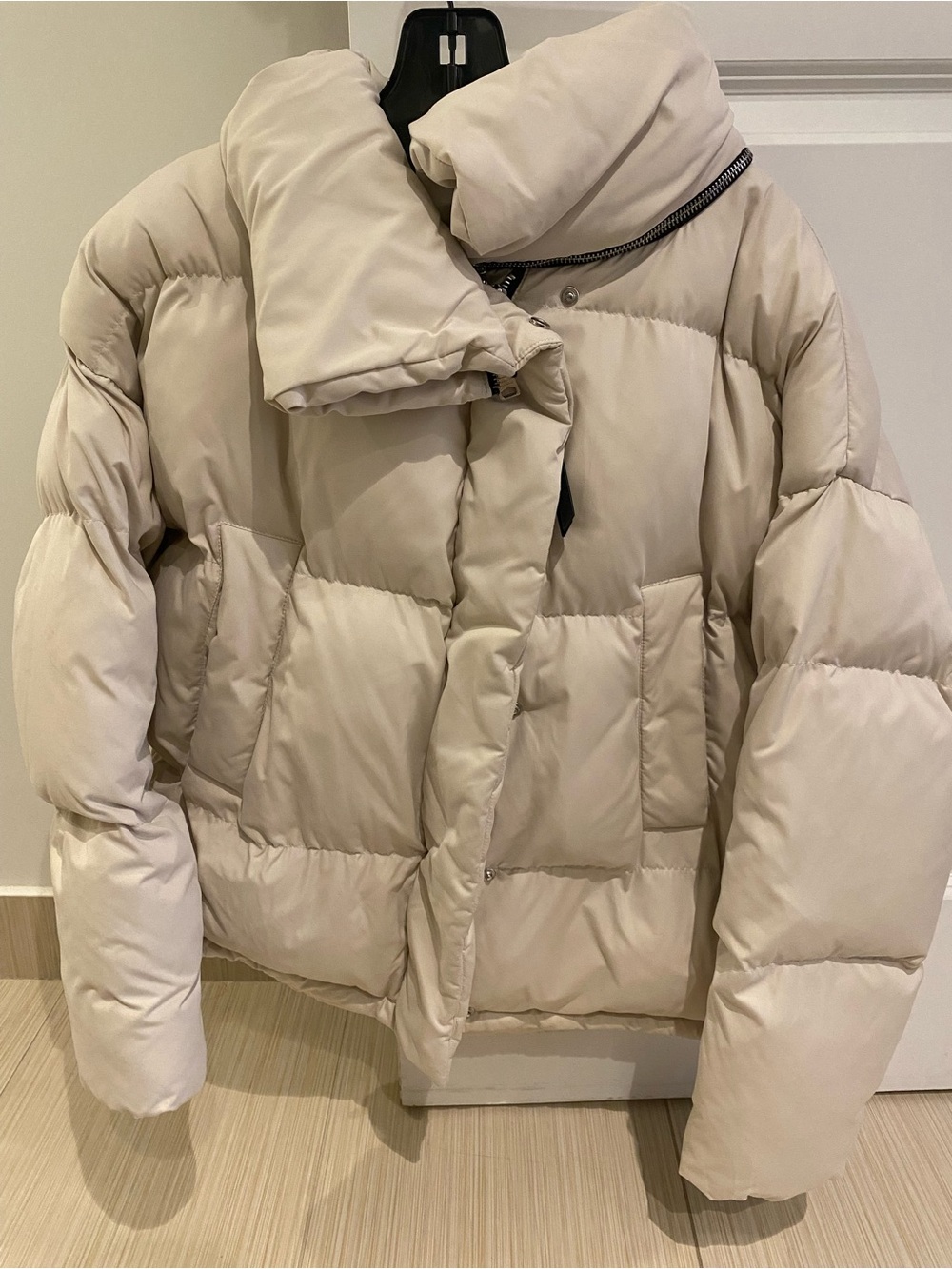 All Saints Women's Puffer Jacket in Light Beige - Insulated Winter Coat
